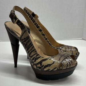 Stuart Weitzman Heels Sling Back Peep Toe Leather Faux Snakeskin Brown Size 6.5